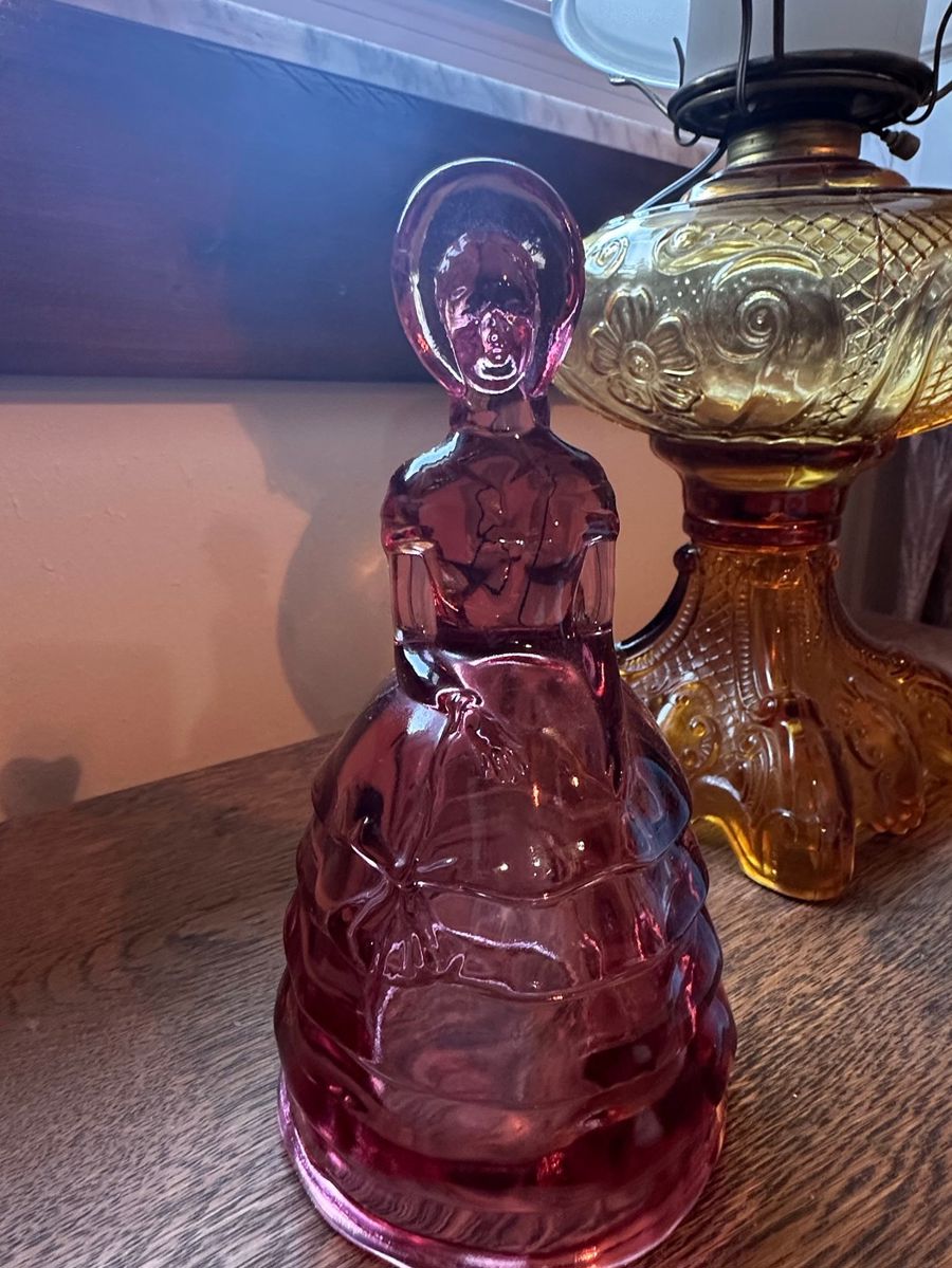 Amethyst Glass Figurine & Amber Glass Hurricane Lamp Base