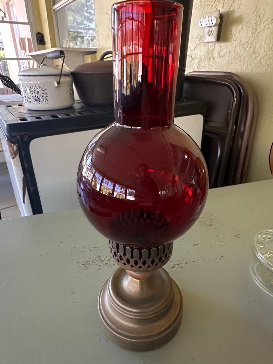 Ruby Red Glass Oil Lamp with Brass Base