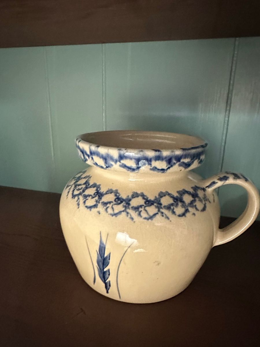 Stoneware Jug with Blue Floral Vine and Wheat Sheaf Decoration