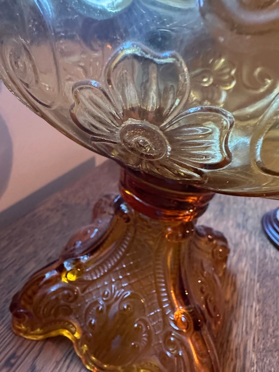 Amber Glass Floral Compote Bowl