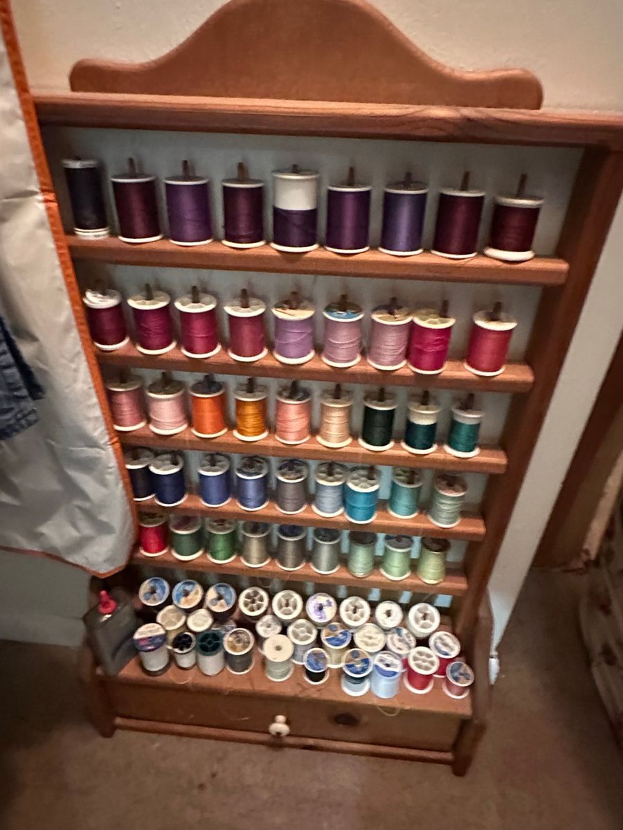 Vintage Wooden Thread Spool Cabinet with Assorted Threads