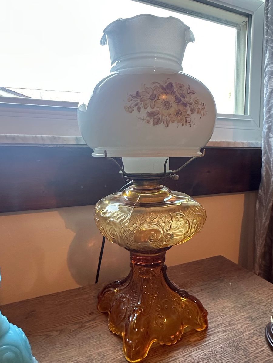 Vintage Amber Glass Oil Lamp with Frosted Floral Shade