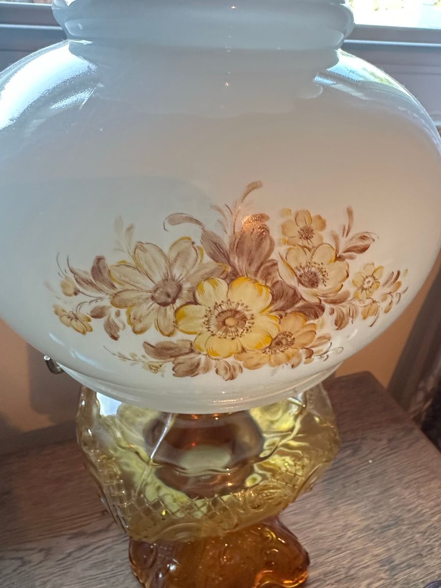 Vintage Hand-Painted Floral Milk Glass Globe with Ornate Amber Glass Lamp Base