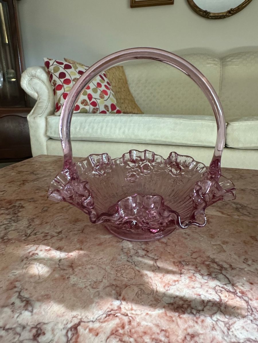 Vintage Pink Glass Ruffled Basket with Handle