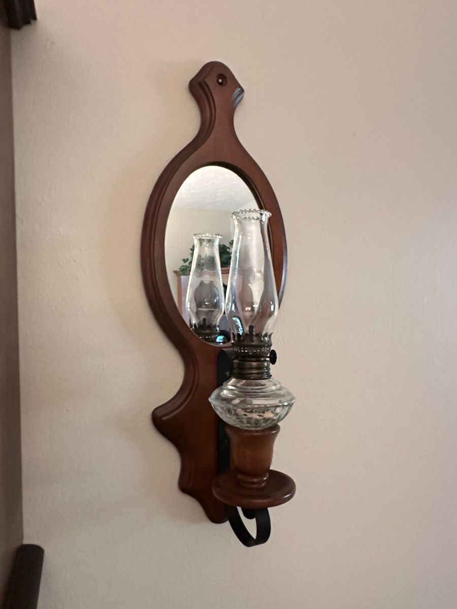 Decorative Wooden Wall Sconce with Oil Lamp and Mirror