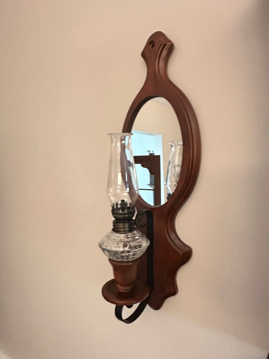 Cherry Wood Wall Mirror with Sconce Oil Lamp Candle Holder