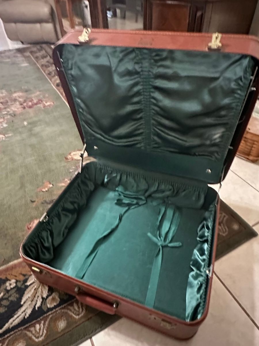 Vintage Burgundy Hard-Shell Suitcase with Green Satin Interior