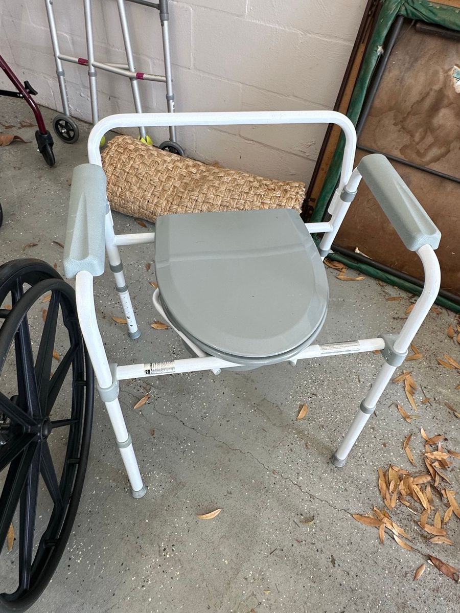 Medical Equipment Assortment: Commode, Walker, Wheelchair Parts
