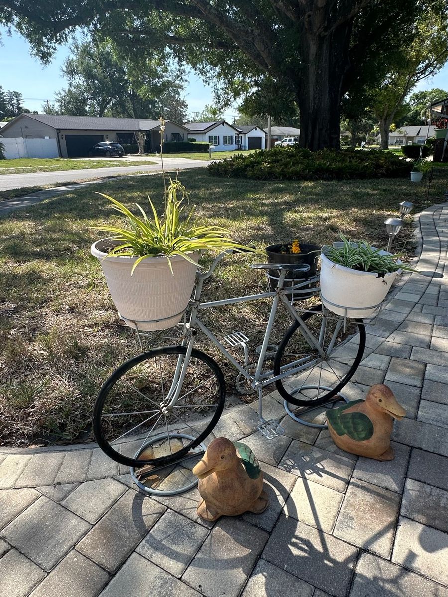 Vintage Bicycle Planter Stand with Decorative Ducks Set