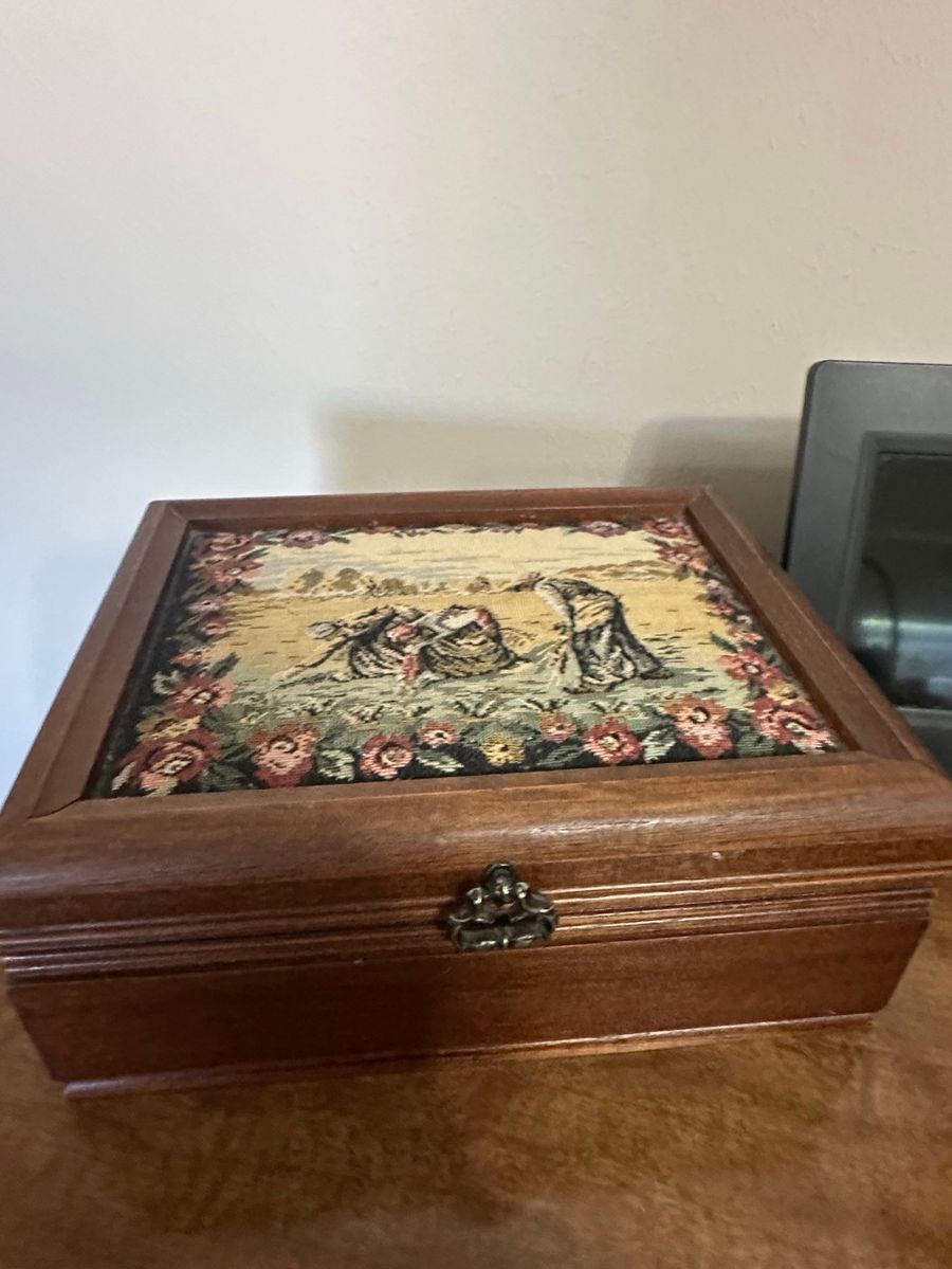 Vintage Wooden Jewelry Box with Tapestry Lid