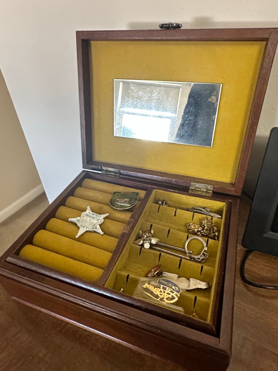 Vintage Jewelry Box with Collectible Insignia Assortment