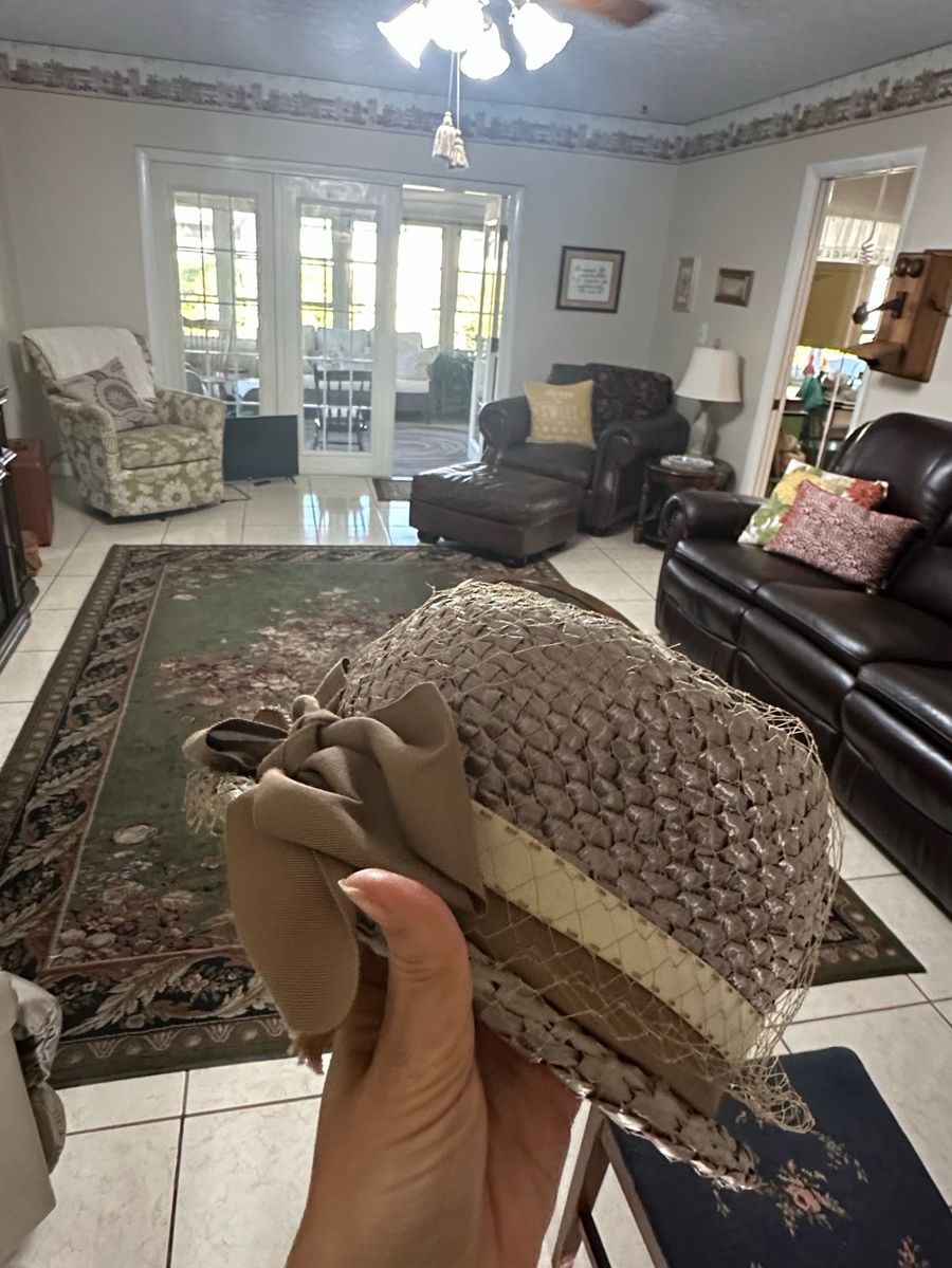 Vintage Straw Hat with Veil and Ribbon Detail