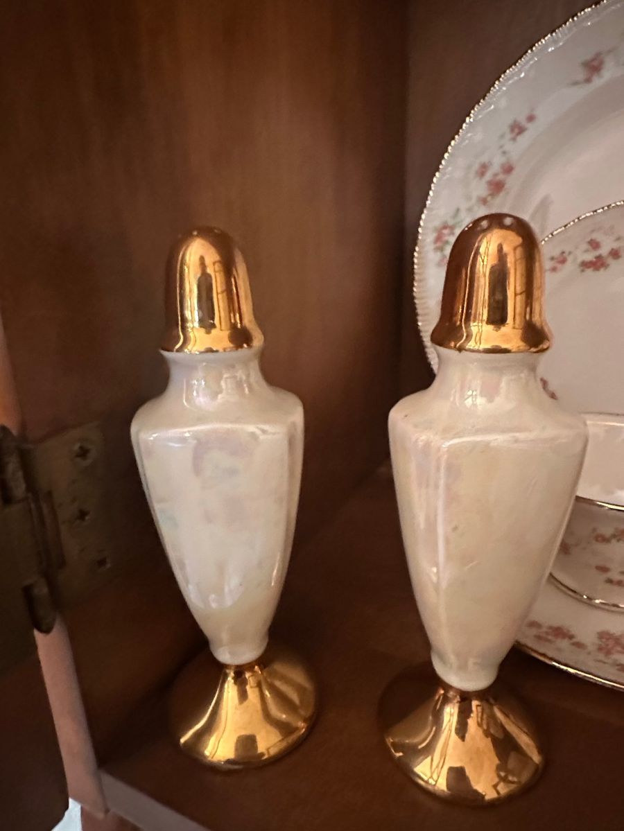 Iridescent Pearlized Porcelain Footed Salt and Pepper Shakers with Gold trim
