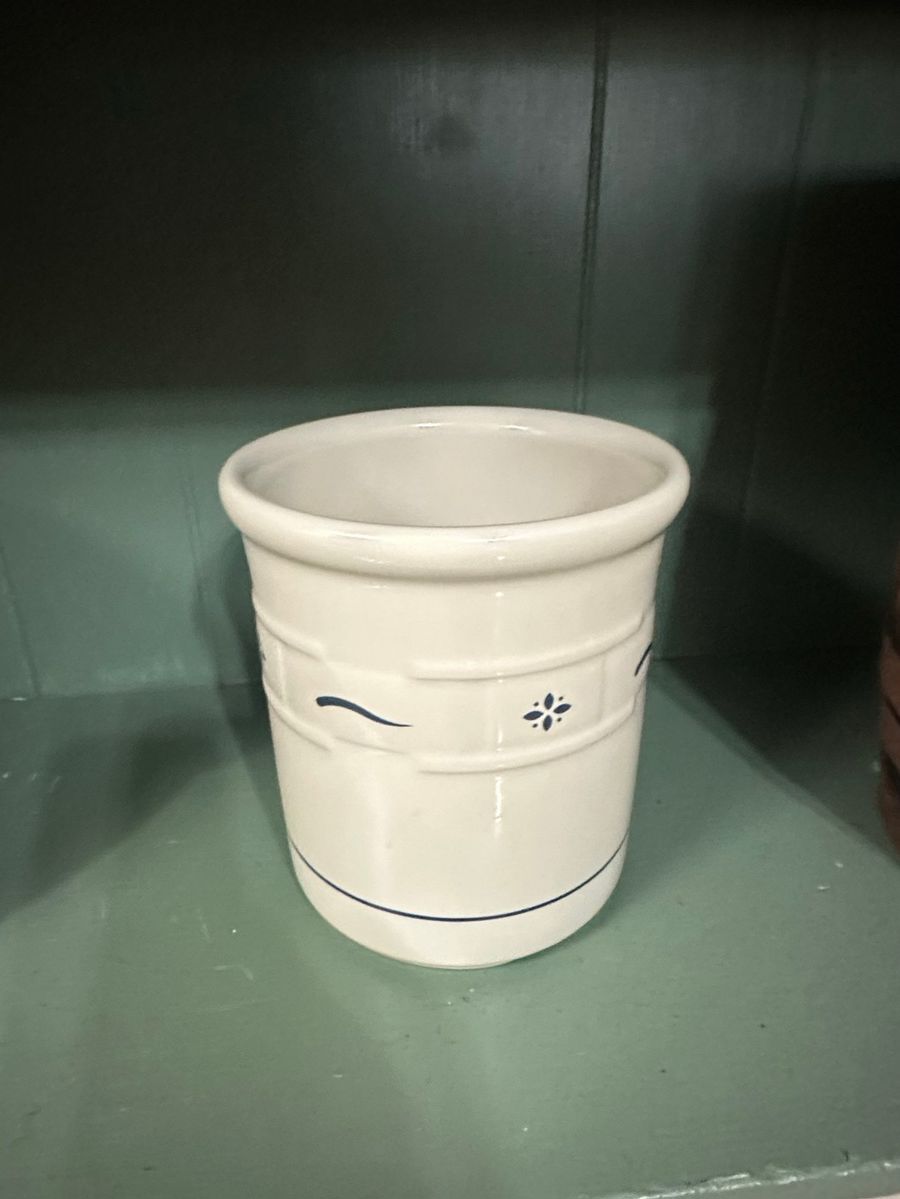 Stoneware Utensil Crock with Blue Bannet Bannister Pattern