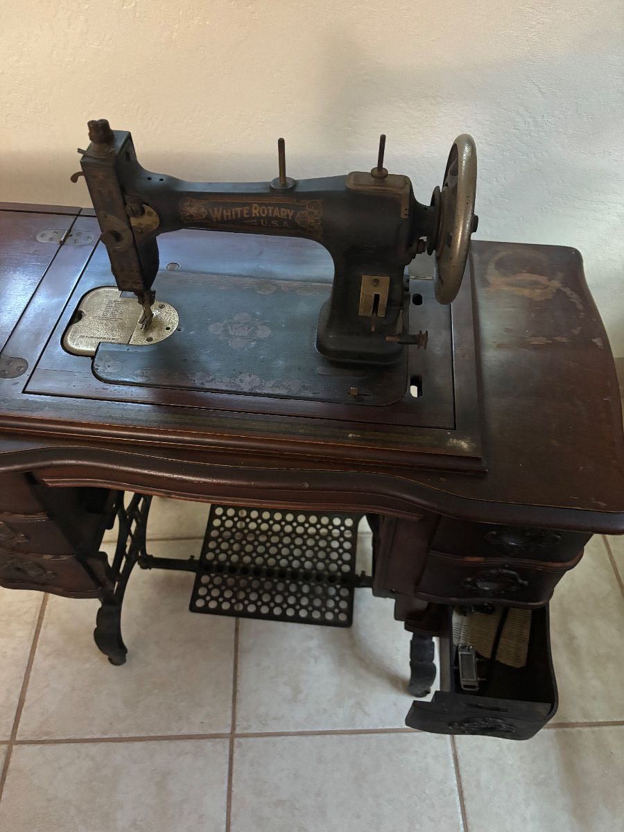 White Rotary Sewing Machine in Ornate Treadle Cabinet