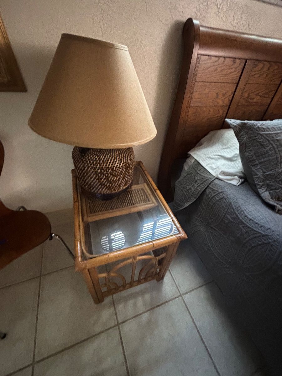 Vintage Rattan End Table with Glass Top and Woven Lamp