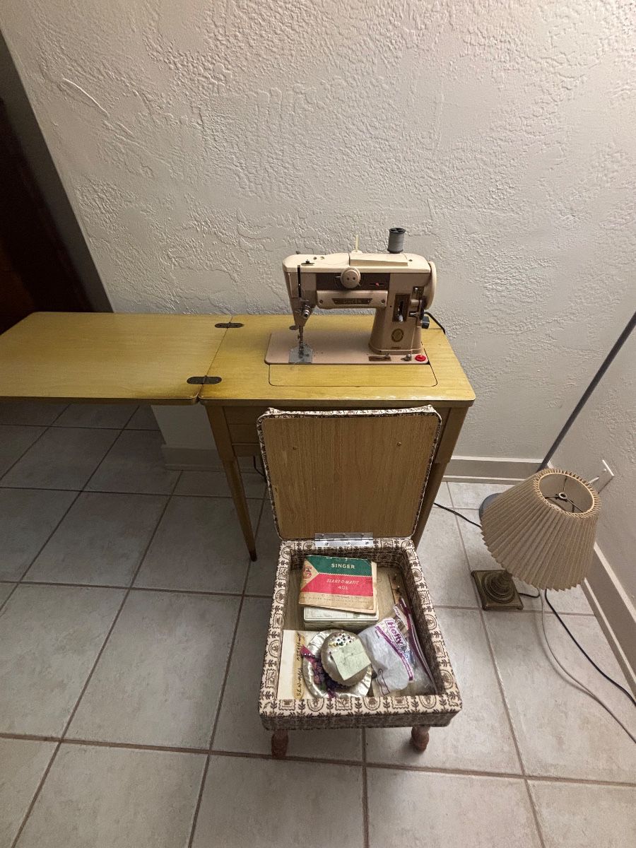 Singer Slant-o-Matic Sewing Machine with Table and Storage Stool Lot