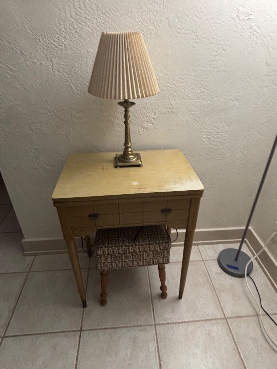 Vintage Sewing Cabinet with Stool and Brass Lamp