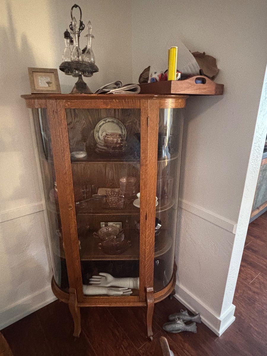 Oak Curved Glass China Cabinet Display Case