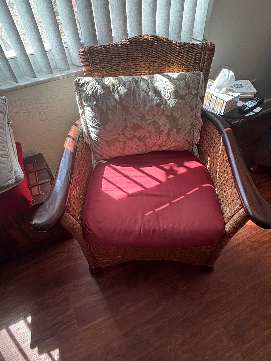 Vintage Woven Rattan Armchair with Decorative Pillow