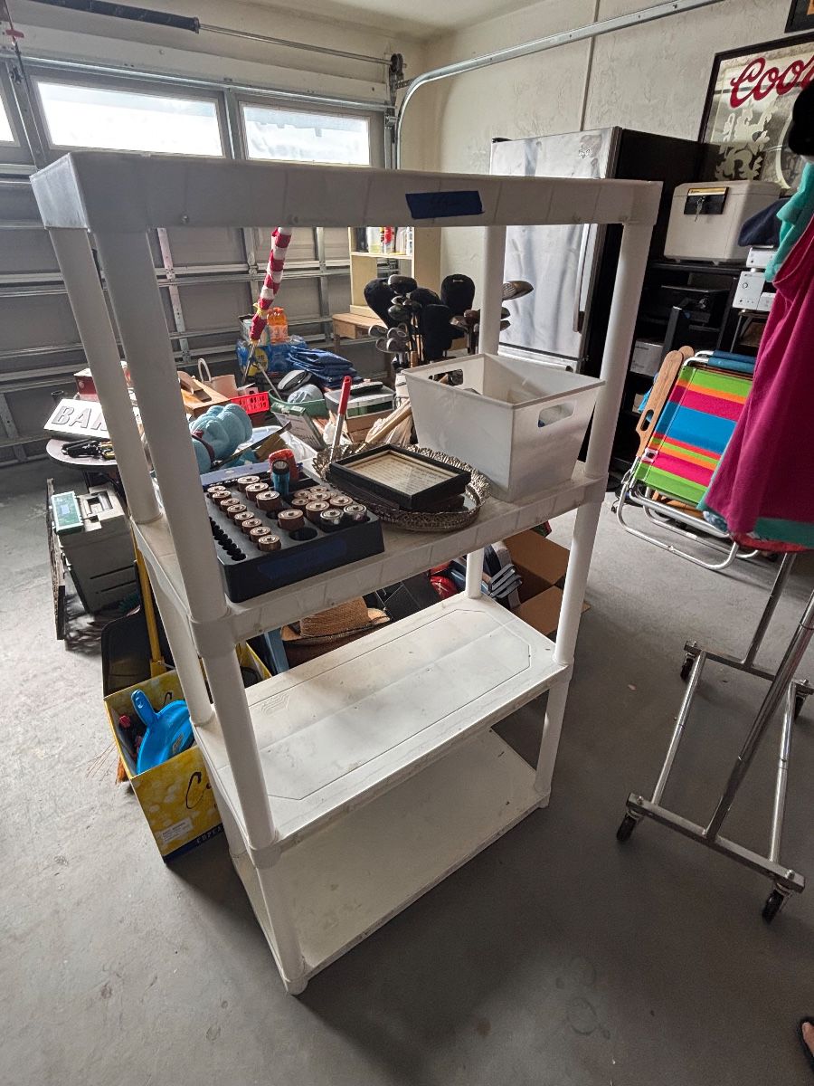 Garage Storage Shelf Lot with Assorted Household Items, Golf Clubs, and Collectibles
