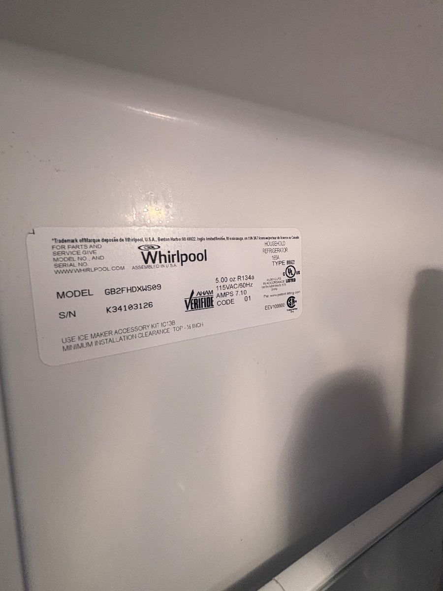 Whirlpool GB2FHDXWS09 Refrigerator Data Label