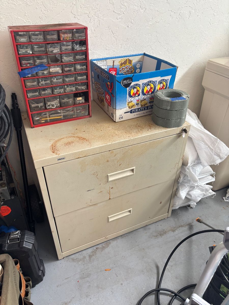 Parts Cabinet, Filing Cabinet & Grinding Wheels Lot