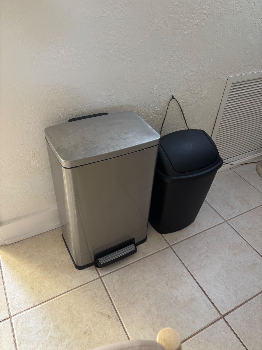 Brushed Stainless Steel Step Trash Can & Black Plastic Trash Can Lot