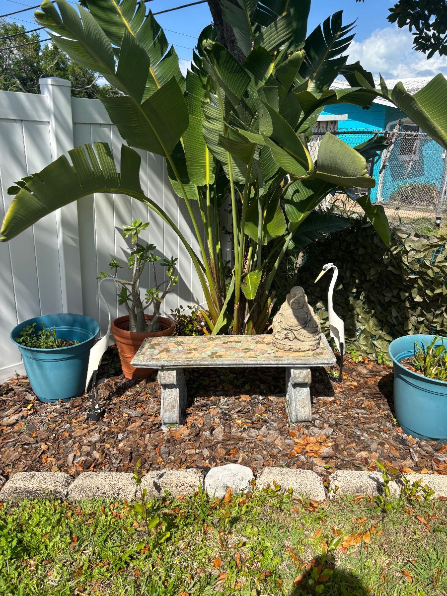 Mosaic Garden Bench with Buddha and Heron Statues