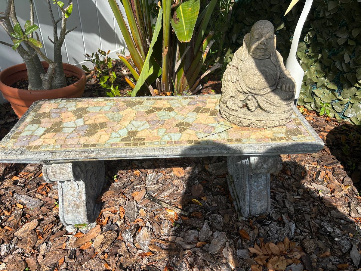 Mosaic Top Concrete Garden Bench with Stone Buddha Statue