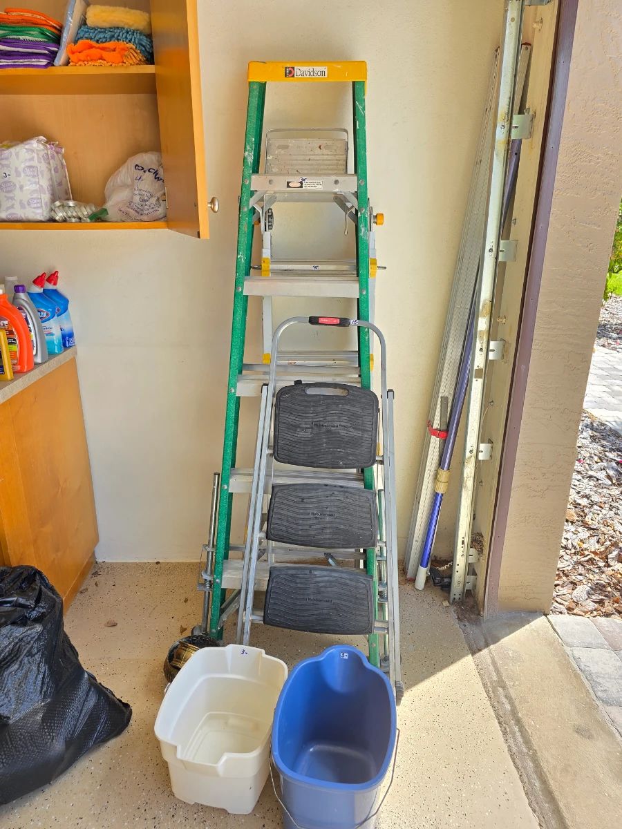 Davidson Multi-Position Ladder with Assorted Cleaning Buckets and Step Stool