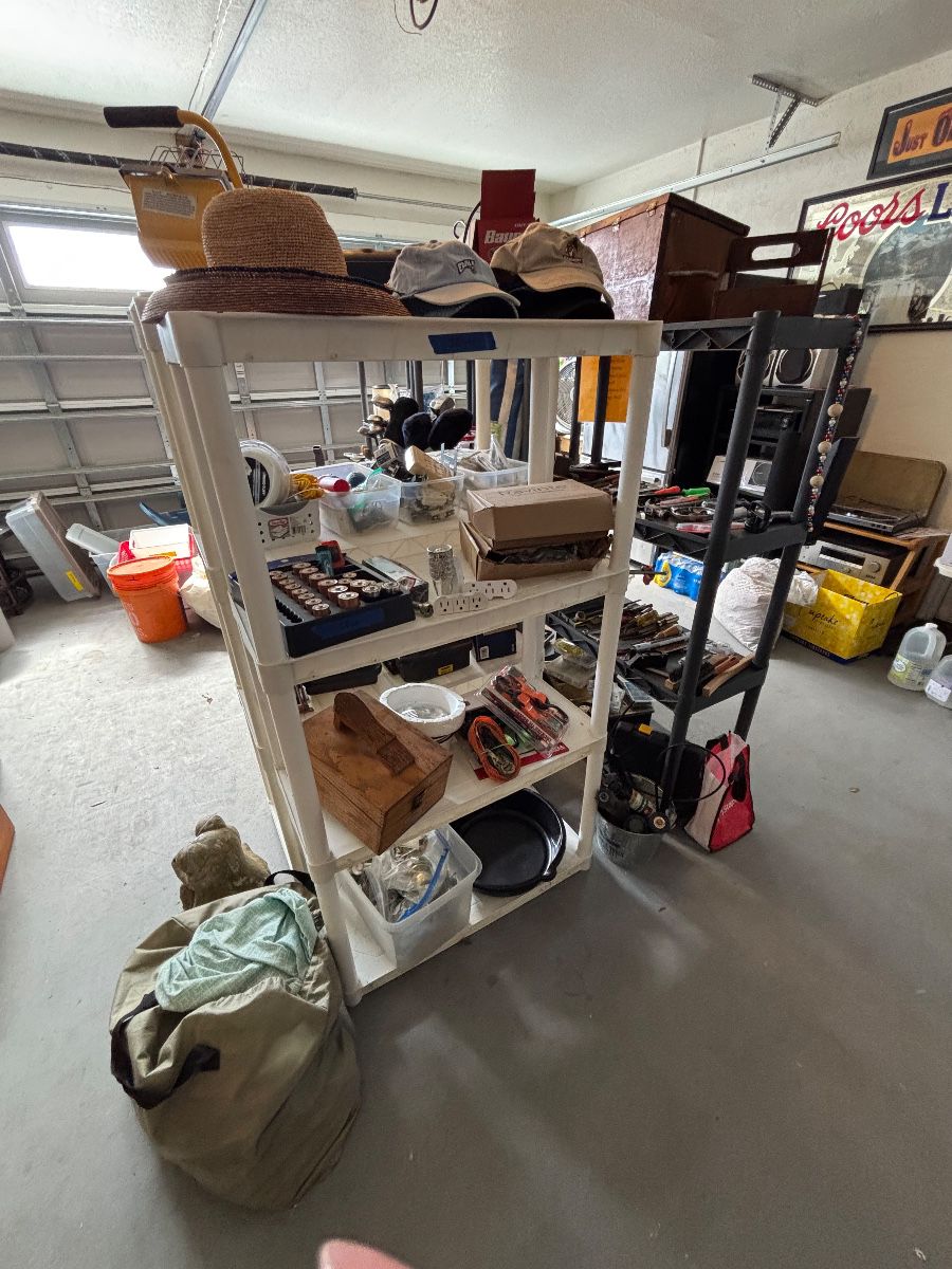 Garage Shelving Assortment: Tools, Hardware, & Collectibles