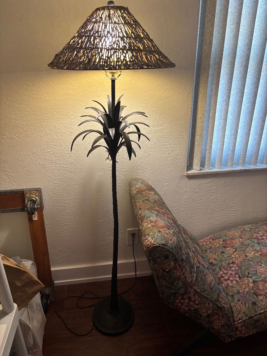 Woven Shade Floor Lamp with Ornate Iron Base
