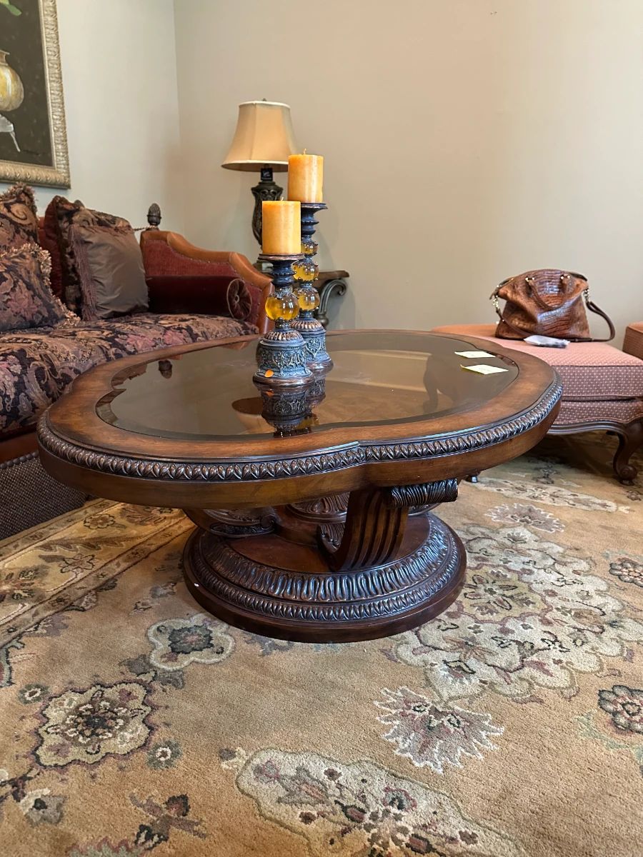 Ornate Carved Wood & Glass Top Coffee Table