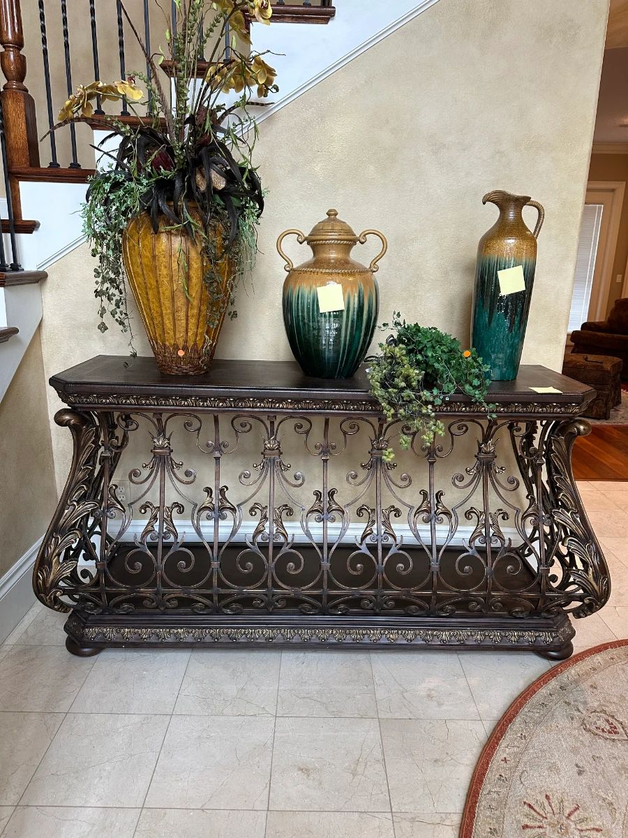Ornate Scrollwork Console Table with Decorative Vases & Faux Floral