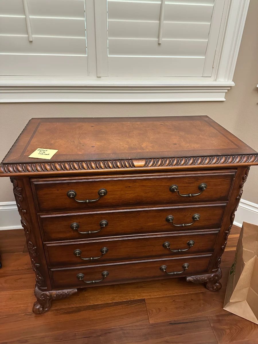 Ornate Carved Wood File Cabinet with Burl Wood Top
