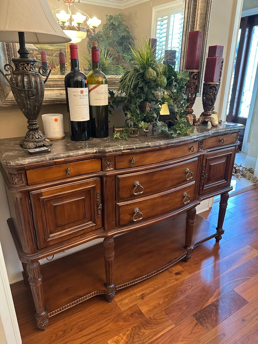 French Country Style Cherry Wood Sideboard Buffet with Marble Top