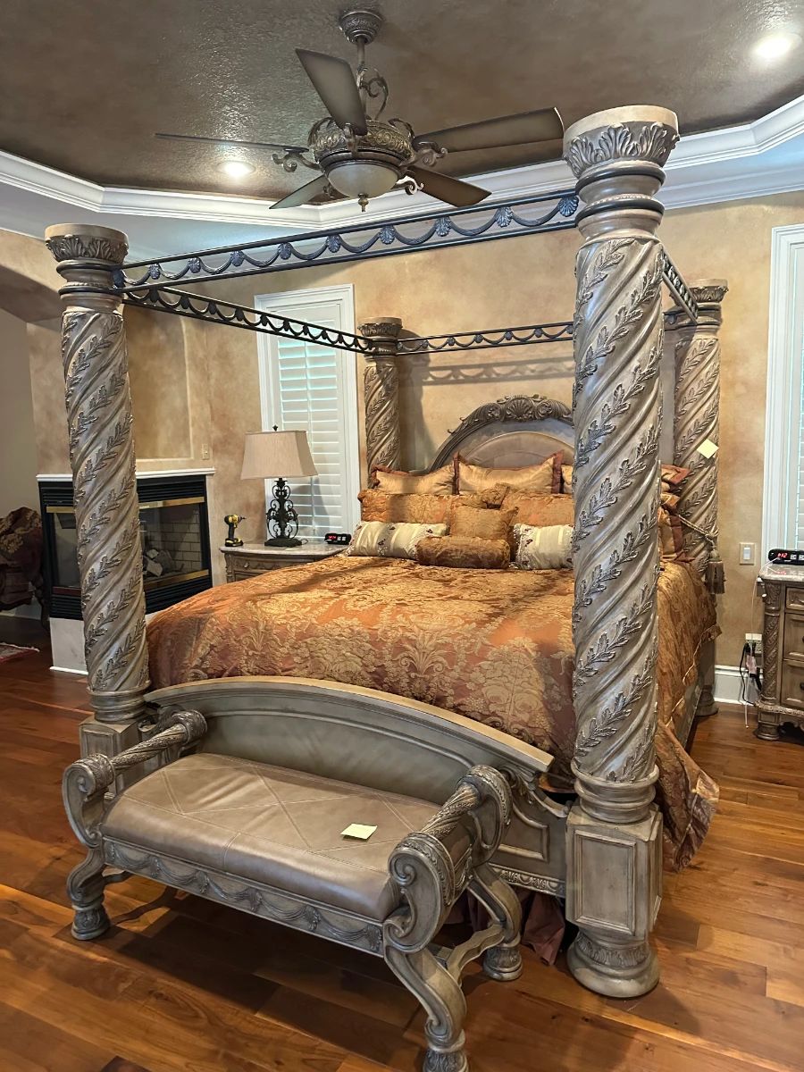 Ornate Carved Canopy Bed Frame with Leather Bench and Damask Bedding Set