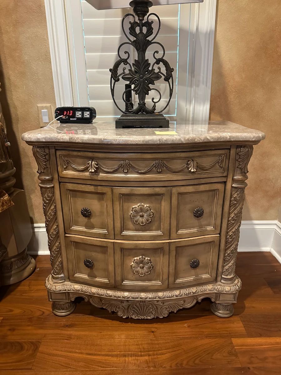 Ornate Carved Wood Nightstand with Marble Top