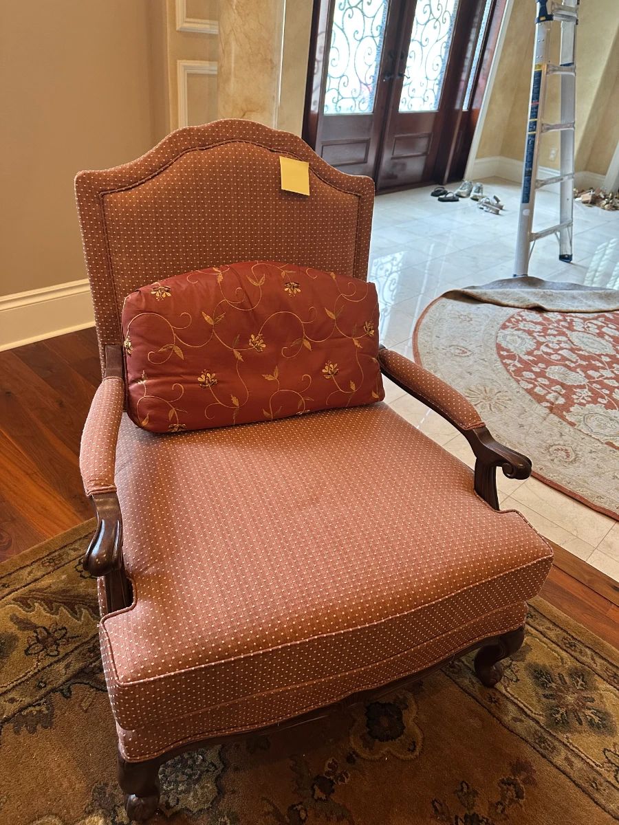 Carved Mahogany Accent Armchair with Embroidered Pillow