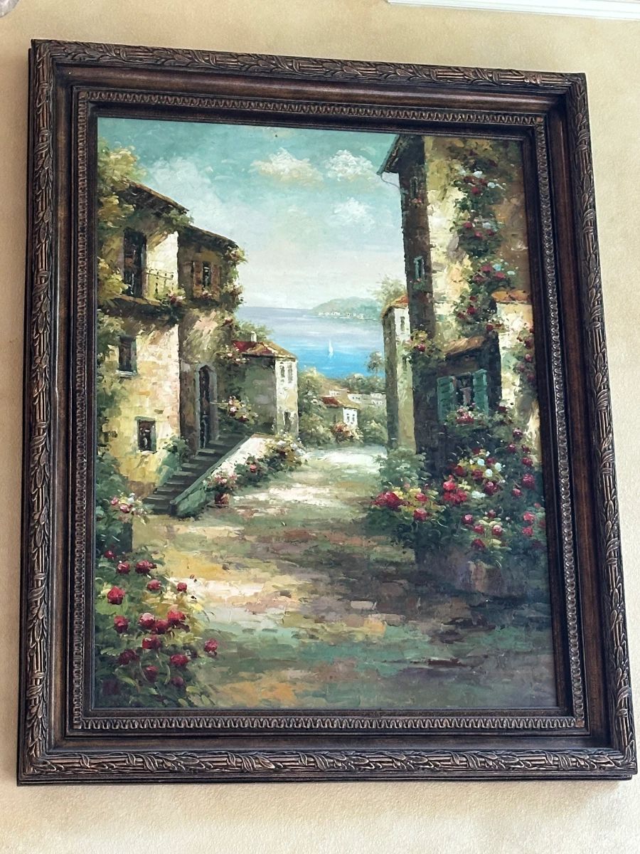 Mediterranean Village Scene Oil Painting with Ornate Frame