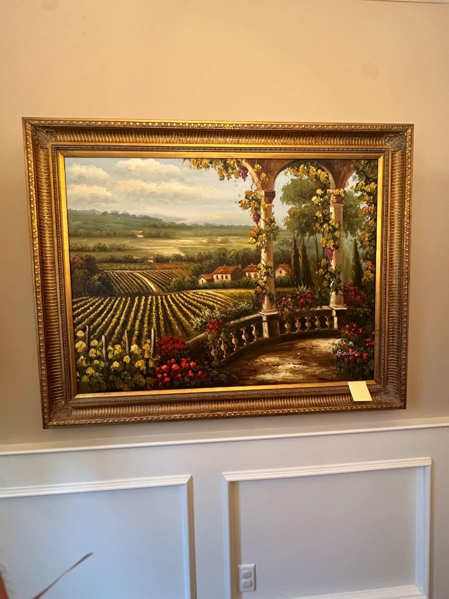 Tuscan Vineyard Landscape Oil Painting in Ornate Frame