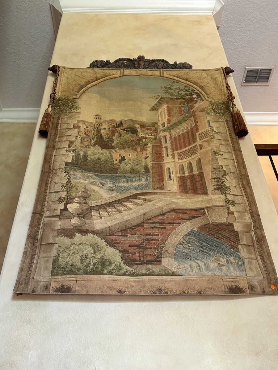 European Village Landscape Tapestry with Tassels