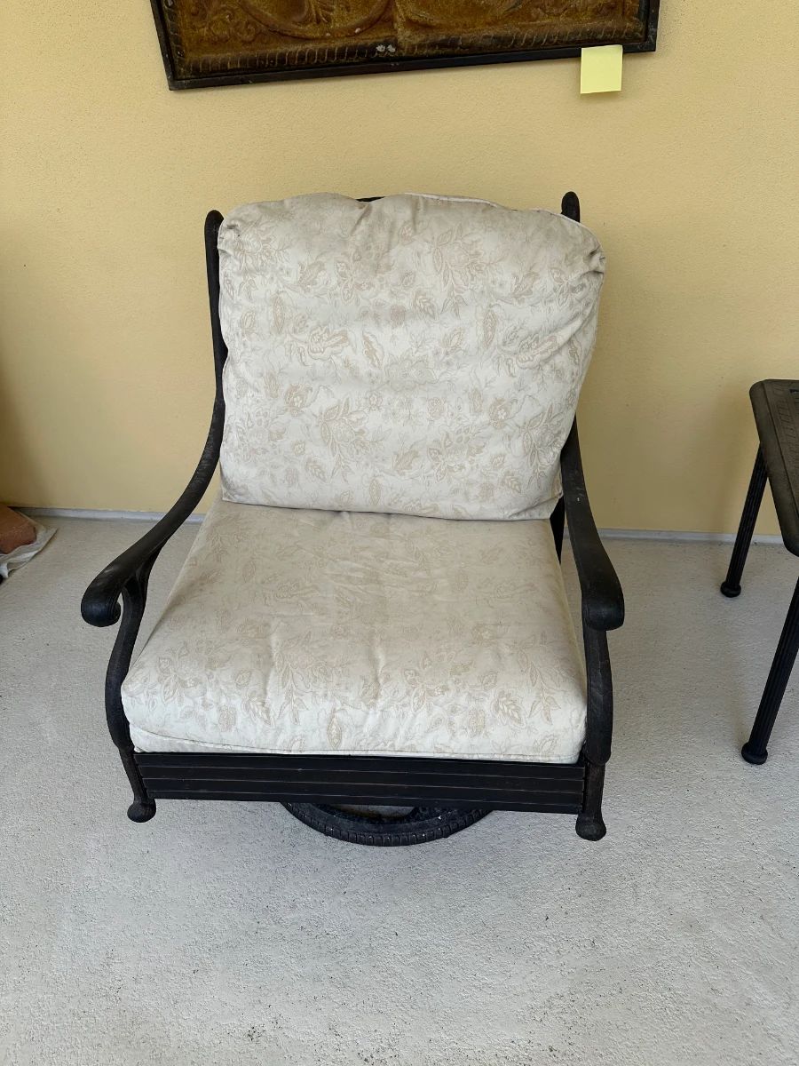 Wrought Iron Swivel Patio Chair with Floral Cushions