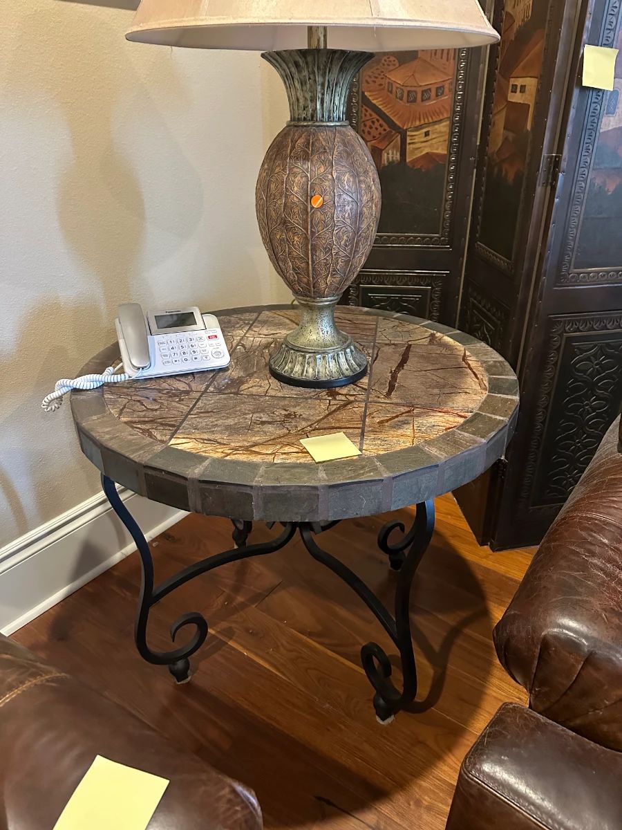 Tiled Top Accent Table with Decorative Table Lamp and Panasonic Phone