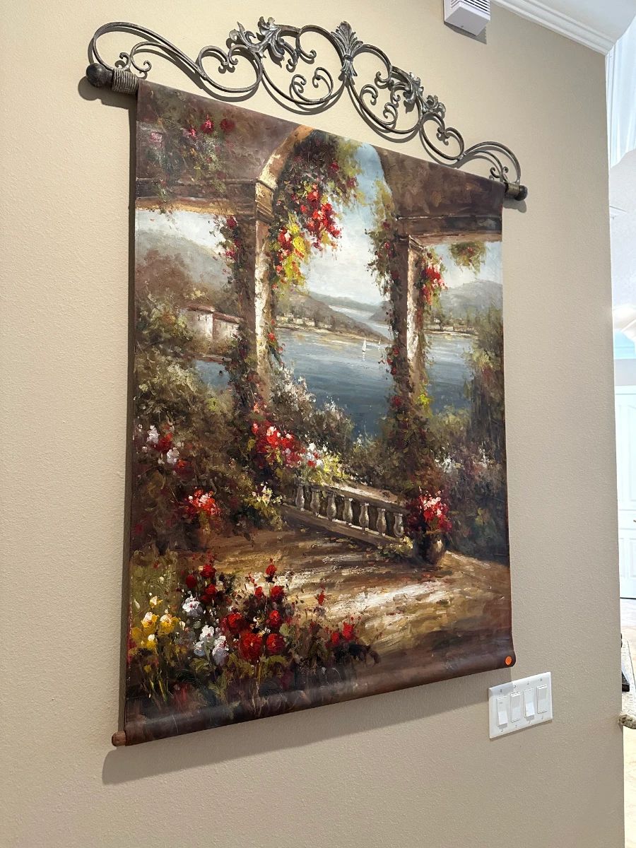 Ornate Scrollwork Metal Hanger with Landscape Textile Wall Hanging