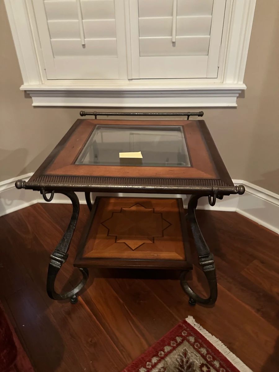 Ornate Inlay Wood and Metal Accent Table with Glass Top