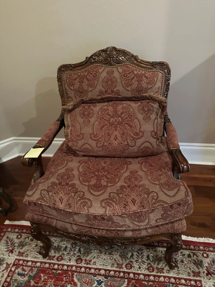 Ornate Carved Armchair with Paisley Upholstery