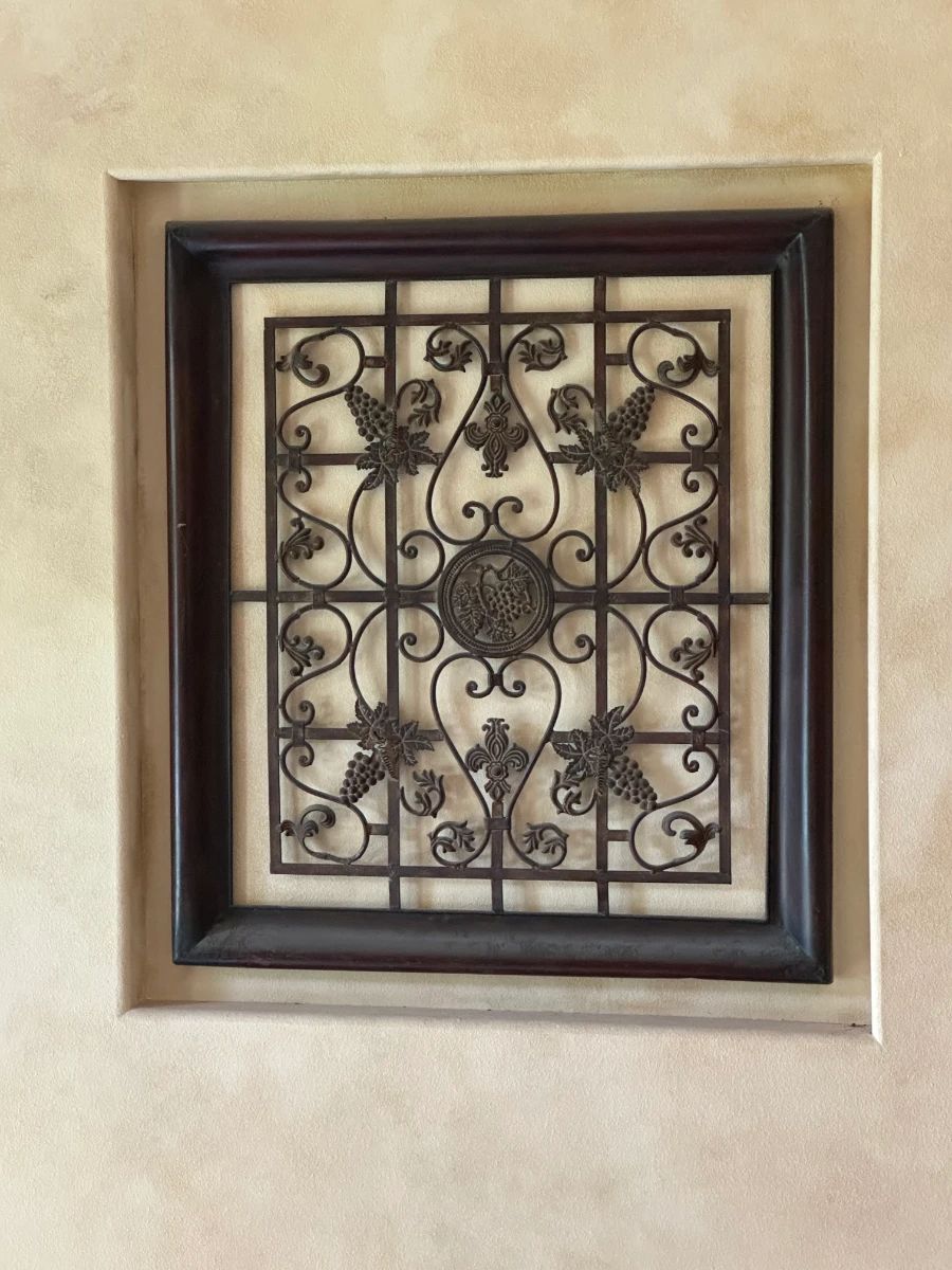 Ornate Grape and Scrollwork Metal Wall Art with Wood Frame
