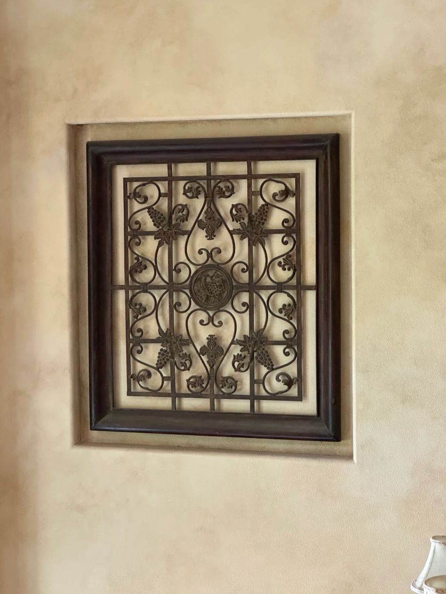 Ornate Wrought Iron Grape Vine Wall Plaque with Wood Frame